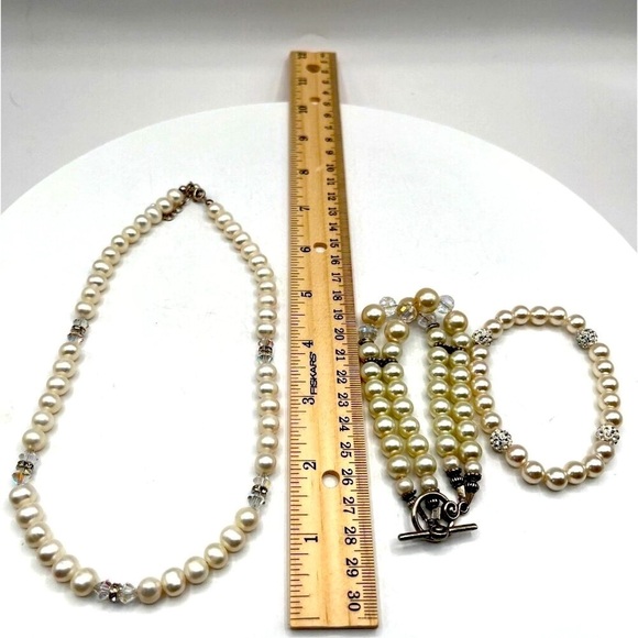 Vintage Pearl Necklace Bracelet & Anklet Set Rhinestones Chic Crystal Silver N88 - Picture 5 of 5